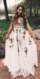 Niulatu V Neck Floral Embroidery Long Lace Prom Dress with Pocket HZ0113