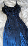 Niulatu A Line Spaghetti Straps Navy Blue Chiffon Beads Long Prom Dresses Formal Dress HZ1110