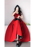 Niulatu A Line Spaghetti Straps Red Backless Ruffles Long Prom Dresses Birthday Outfits SD510