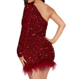 Niulatu One Shoulder Bodycon Velvet Feather Sequin Party Dress Red Homecoming Dresses HZ1110