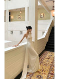 Niulatu One Shoulder Floor-length Sleeveless White Long Prom Dresses SD2003