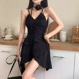 Niulatu A line Irregular Hem Spaghetti Straps Little Black Dresses Short Satin Birthday Outfit SD269