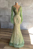 Niulatu Deep V Neck Green Prom Dress Full Sleeve Crystals Sequined Mermaid Fashion Evening Gown Pageant Dresses HZ0113