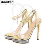 Niulatu NEW Summer Sexy Crystal Waterproof Platform High Heels Sandals Shoes Women PVC Metal Chain Sandals Party Nightclub Pumps DJSE