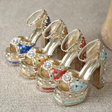 Niulatu Women's Sexy Embroidery Wedding Sandals Thick High Heel Platform Fish Mouth Pumps Gemstone Rivet Party Shoes Red Big Size DJSE