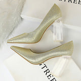 Niulatu Shoes Clear Crystal Woman Pumps Silk High Heels Shoes Sexy Wedding Shoes Women Heels Party Shoes Female Plus Size 41 42 DJSE