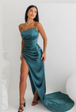 Niulatu Sheath Strapless Neckline Slit Satin Long Party Dress Prom Dresses SD2446