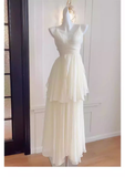 Niulatu A line Spaghetti Straps White Chiffon Long Ruffles Party Dresses Birthday Dress SD579