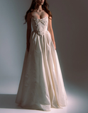 Niulatu Strapless Satin Beaded Evening Dress A Line Slit Prom Dress HZ1007