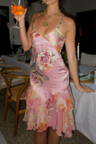 Niulatu Pink Satin Print Floral Midi Prom Dress Sexy Evening Dress HZ1007