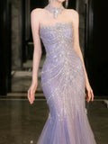 Niulatu Mermaid Off The Shoulder Blue Tulle Silver Beads Long Prom Dresses Formal Evening Dress SD1498