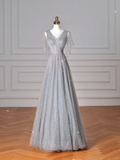 Niulatu Gray Tulle Sequins A Line Prom Dress Sexy V Neck Evening Dress HZ1007