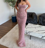Niulatu Mermaid Strapless Tulle Pink Long Evening Dress Prom Dresses With Beads SD2073