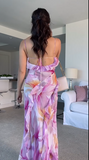 Niulatu Ruffle Graphic Floral Print Low Backless Long Prom Dress Slit Party Evening Dress HZ1007