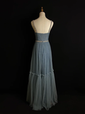 Niulatu Blue Tulle Beaded A Line Evening Dress Spaghetti Straps V Neck Prom Dress HZ1007