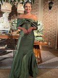 Niulatu Green Bow Off The Shoulder Mermaid Evening Dress Formal Satin Prom Dress HZ1007