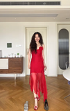 Niulatu Red A Line Spaghetti Strap Chiffon Prom Dress Outfits with Slit HZ0113