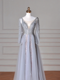 Niulatu Blue V Neck Sequins Beaded Tulle Prom Dress A Line Backless Evening Dress HZ1007