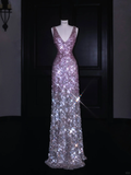 Niulatu Pink V Neck Sequins Long Prom Dress Evening Dress HZ1007