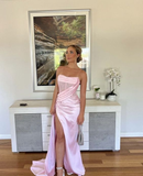 Niulatu Pink Strapless Prom Dress Glam Pink Evening Dress with Split Pageant Dress HZ1007