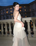 Niulatu White Chiffon Mermaid Evening Dress Long Layered Prom Dress HZ1007