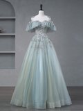 Niulatu Blue Tulle Applique Evening Dress A Line Off The Shoulder Prom Dress HZ1007
