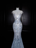 Niulatu Mermaid Sequin Beaded Evening Dress Blue Tulle Prom Dress HZ1007