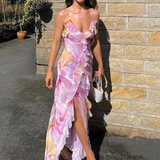 Niulatu Ruffle Graphic Floral Print Low Backless Long Prom Dress Slit Party Evening Dress HZ1007