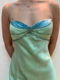 Niulatu Spaghetti Straps Green Satin Beaded Prom Evening Dress HZ1007