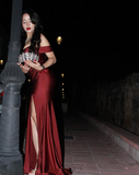 Niulatu Burgundy Off The Slit Mermaid Evening Dress Formal Prom Dress HZ1007