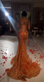 Niulatu Orange Beaded Applique Mermaid Evening Dress Long Prom Dress HZ0113