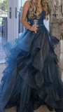 Niulatu Blue V-neck Tulle Appliques Sequins Long Prom Dress Spaghetti Strap Evening Dress HZ1007