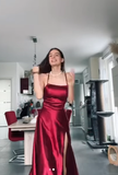 Niulatu A line Halter Long Party Dress Satin Burgundy Prom Dresses SD2417