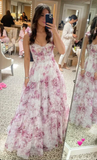 Niulatu Chiffon Rose Print A Line Prom Dress Evening Dress HZ1007