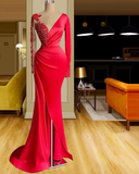 Niulatu Red Satin Evening Dresses Sheer Neckline Long Sleeve Beaded African High Slit Women Formal Prom Dress HZ1007