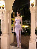 Niulatu Sheath Spaghetti Strap Purple Satin Prom Dress 16th Birthday Dress with Slit HZ0113