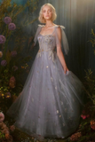Niulatu Blue Tulle Appliques A Line Evening Dress Prom Dress HZ1007