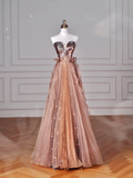 Niulatu Rose Gold Strapless Tulle Sequins Beaded A Line Prom Dress Evening Dress HZ1007