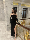Niulatu Black Feather Formal Dress Black Evening Dress With Split HZ1007