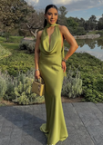 Niulatu Halter Green Satin Prom Dress Lonr Evening Dress HZ1007