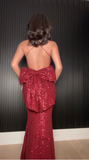Niulatu Burgundy Sequins Mermaid Evening Dress Backless Long Prom Dress With Bow HZ1007