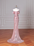 Niulatu Pink Off The Shoulder Satin Mermaid Long Prom Dress Evening Dress HZ1007