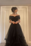 Niulatu Off The Shoulder Tulle Long Prom Dress Black Formal Graduation Evening Dress HZ1007