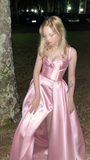 Niulatu Pink A-Line Satin Party Dress Side Slit Prom Dress Evening Dress HZ1007