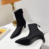 Niulatu Women Ankle Boots Pointed Toe Sock Botas Thick High Heels Black/Blue Denim Stretch Shoes Back Zipper Winter Autumn Botas DJSE