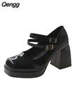 Niulatu High Heels Platform Pumps Women's Square Toe Thick Heels Mary Janes Woman Patent Leather High Heels Shoes Party Shoes DJSE