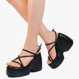 Niulatu Women Brand Platform Sandals Shoes Strappy Heels Wegdes Heeled Shoes Design Punk Cool Chunky Buckle Casual Black White Shoes DJSE