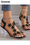 Niulatu Women Sandals 2025 Summer Crystal Flower Decoration Chunky Heel Peep Toe Back Strap Elastic Band Elegant Fashion Women's Shoes DJSE