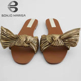 Niulatu Slip On Bowknot Women Pleated Sandals Slides Summer Flat Low Heel Casual Slip On Gold Leisure Open Toe Shoes Size 43 DJSE