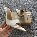 Niulatu women sandals snake print Strappy Mules high heels Slippers Sandals flip flops Pointed toe Slides Party shoes Woman DJSE